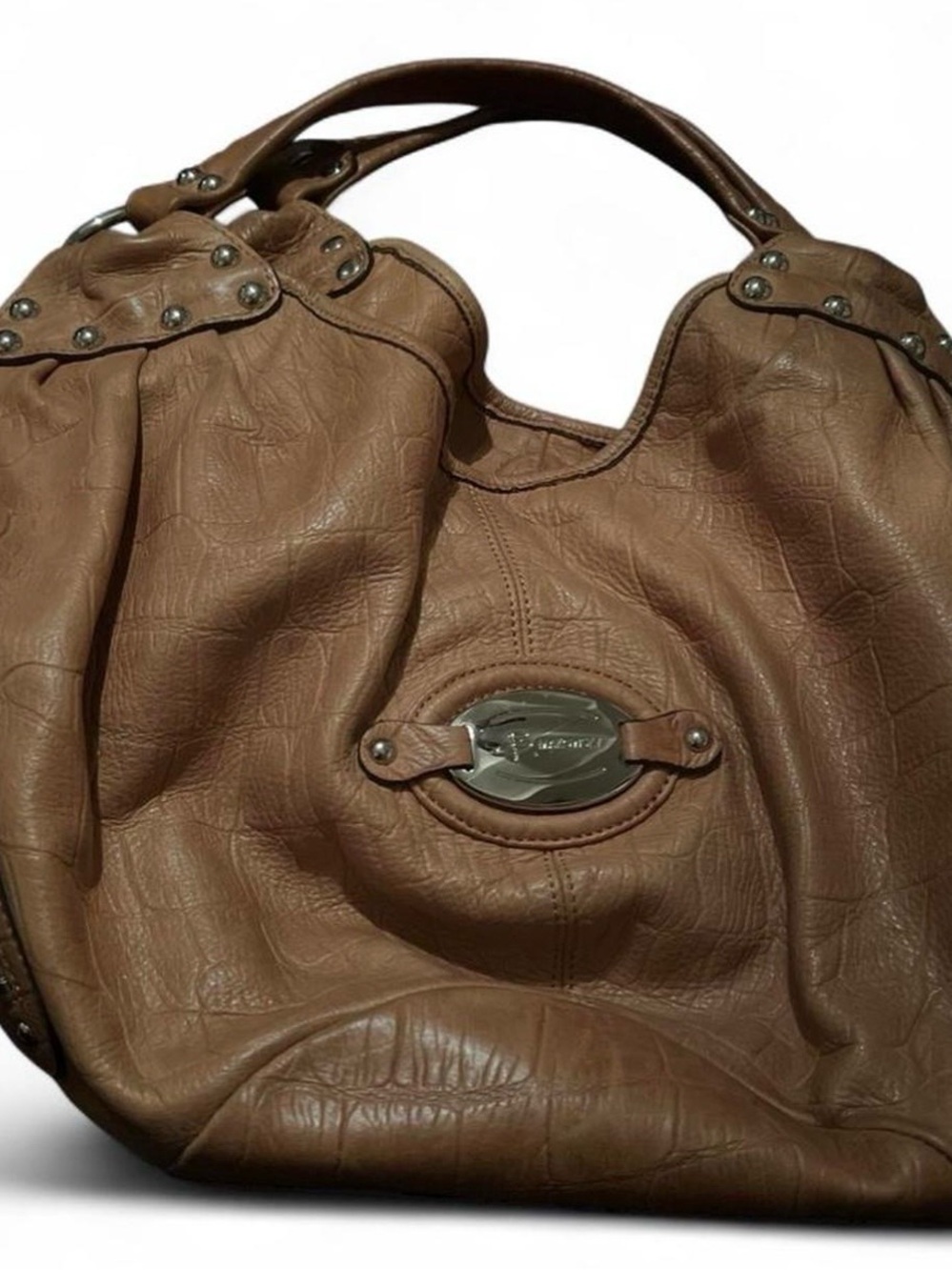 b. makowsky Tan Slouchy Hobo with Metal Plaque